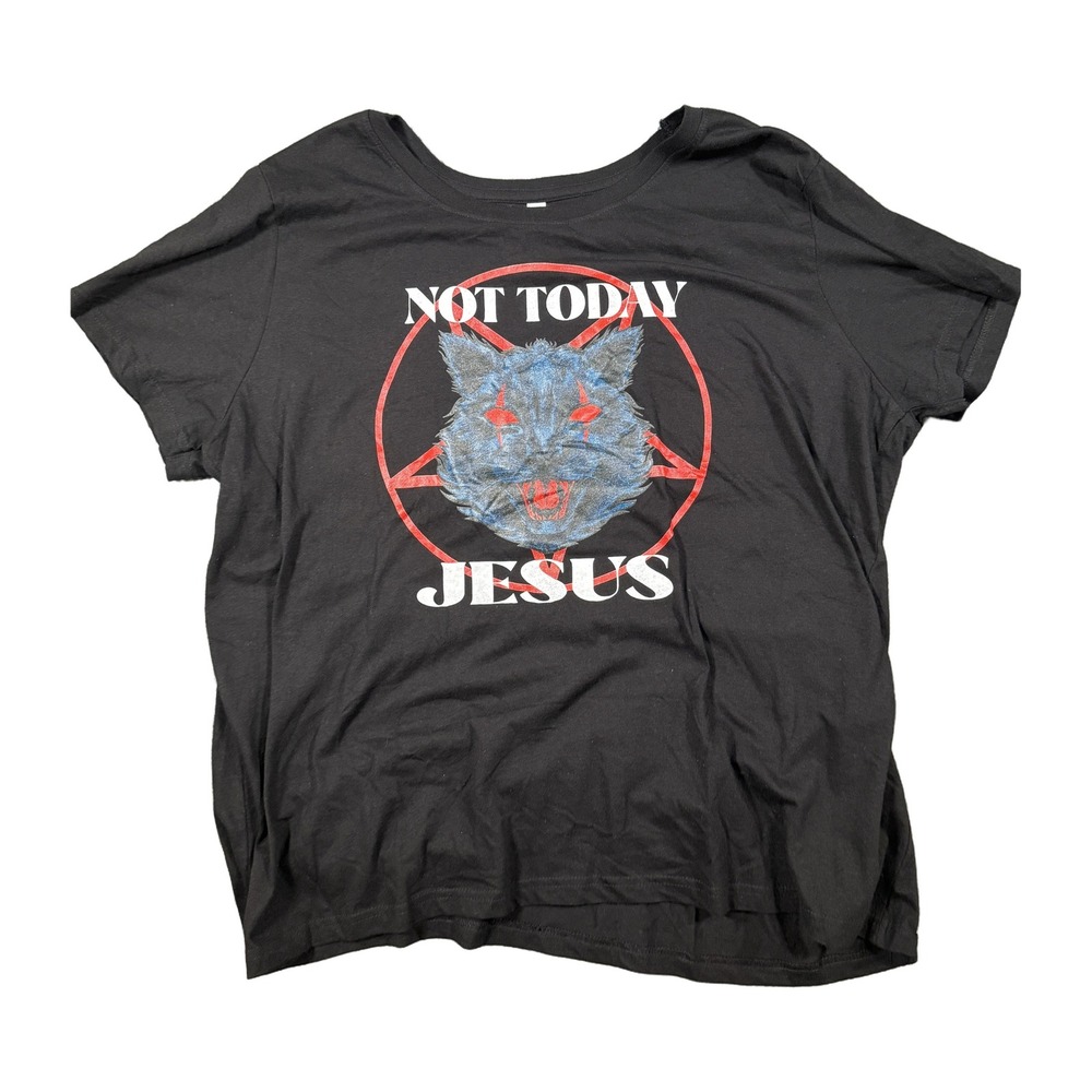 Live and Tell Not Today Jesus Cat Pentagram Graphic T-Shirt Black Plus Size 3